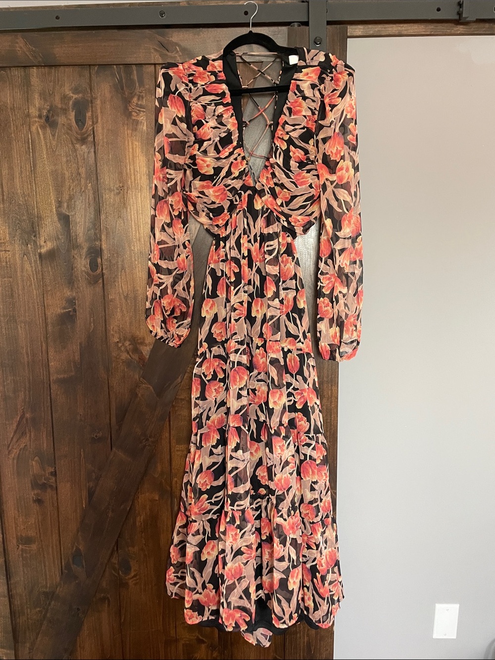 ASTR The Label Black Floral Lace-Up Long Sleeve Maxi Dress